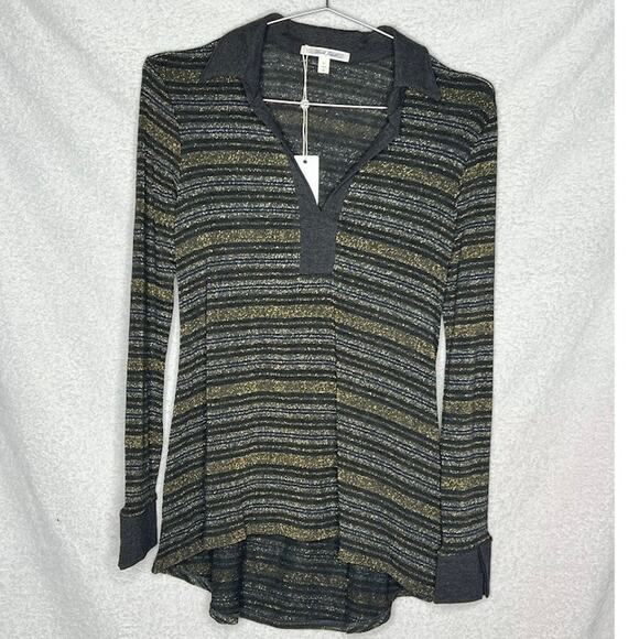 Laila Jayde (XS) Shimmer Stripe Collar Long Sleeve High Low Metallic Knit Top - Picture 6 of 9